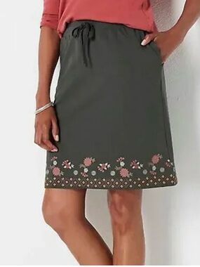 J. Jill Olive A-Line Skirt with Pink Floral Border women’s size L